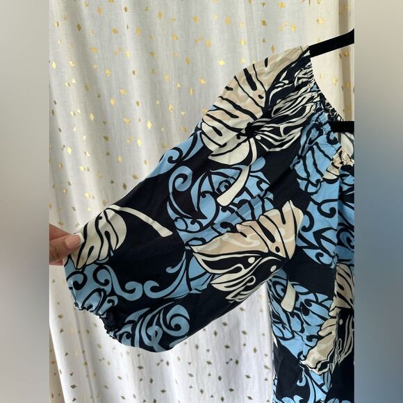 One Papaya Hawaiian Aloha Floral Tropical Leaves On Off Shoulder Peasant Top M - Picture 3 of 5